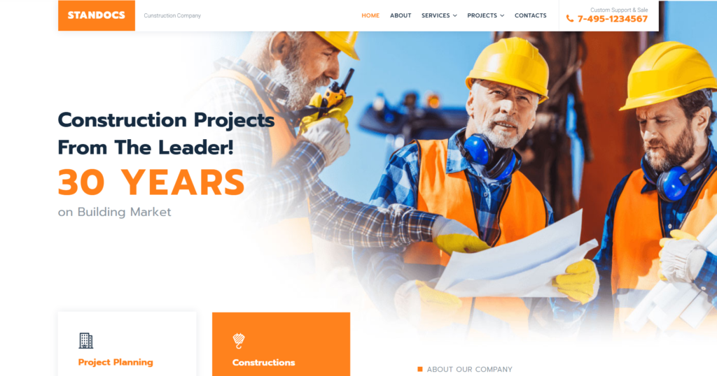 Construction website design service featuring industrial building and renovation projects.