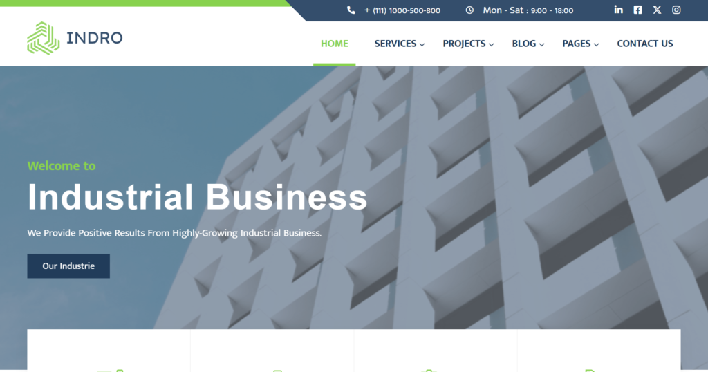 Professional industrial website design showcasing a modern steelworks factory and engineering laboratory.