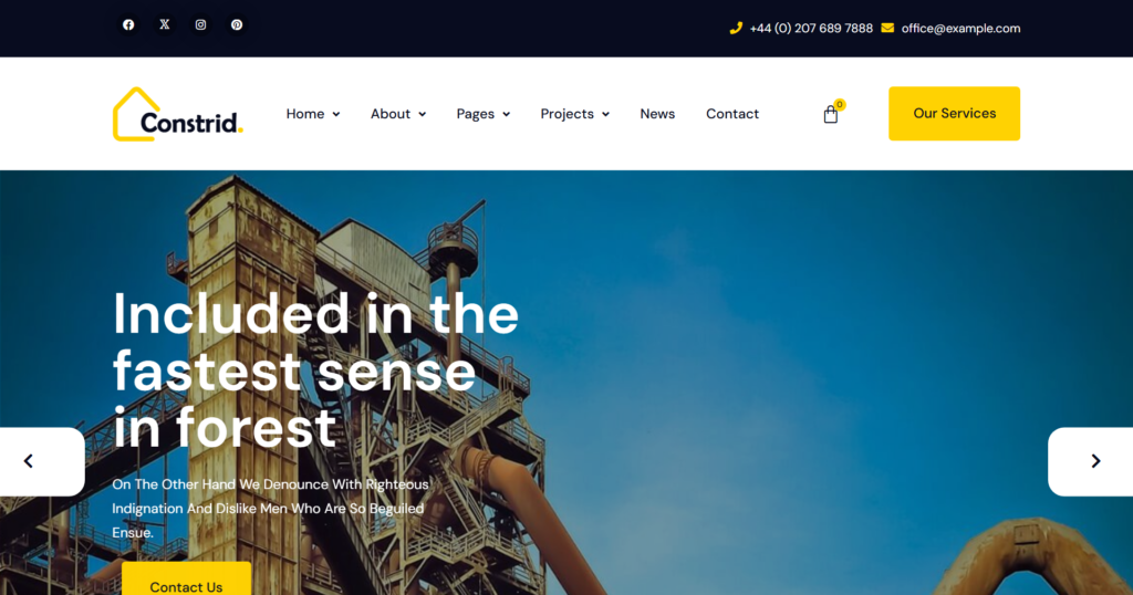 Construction website design service featuring a modern building and industrial company profile.