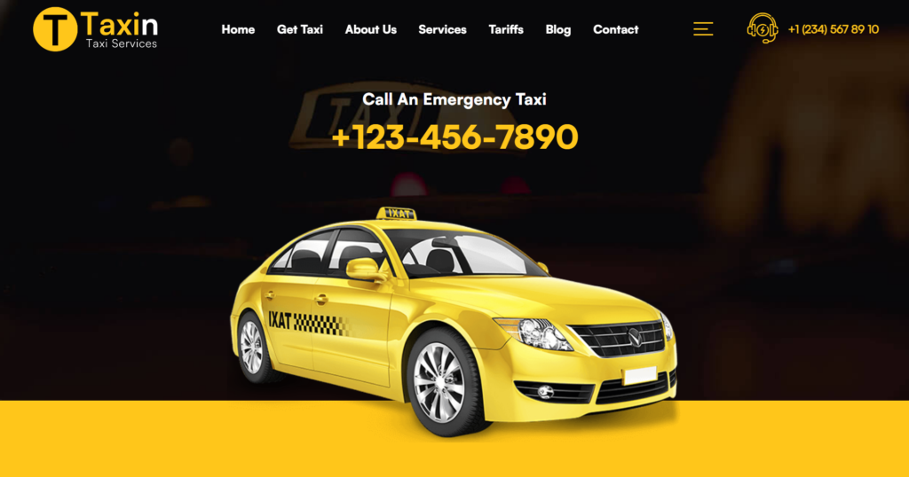 Taxi website design service displaying a cab transport and passenger transfer system.