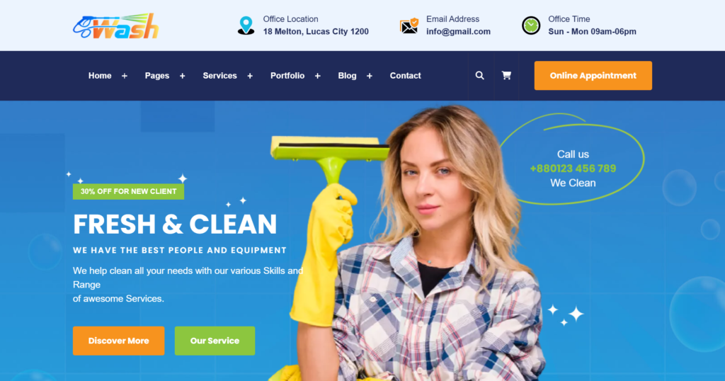 Cleaning service website design service displaying an office cleaner and window service portal.