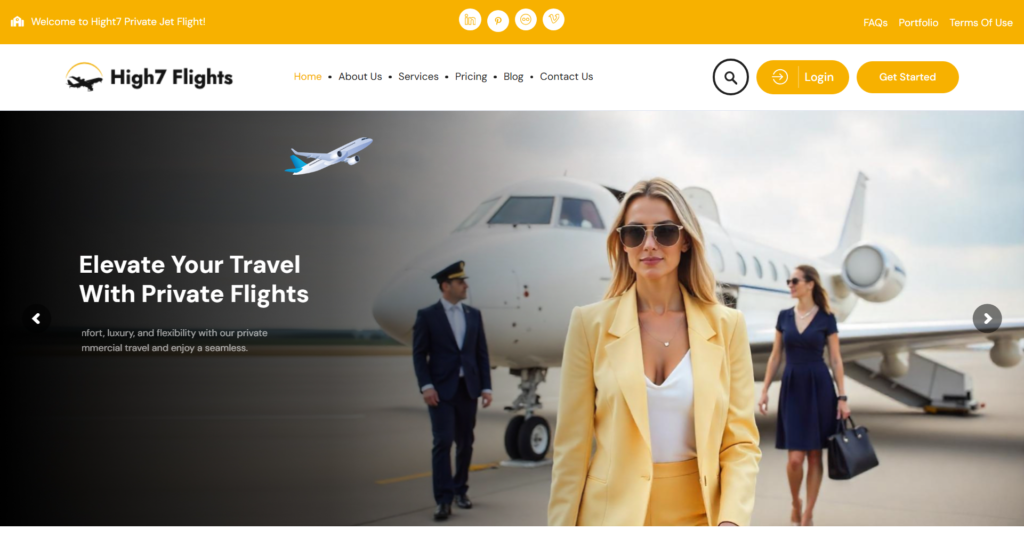 Private jet website design service showing a flight booking and travel service portal.