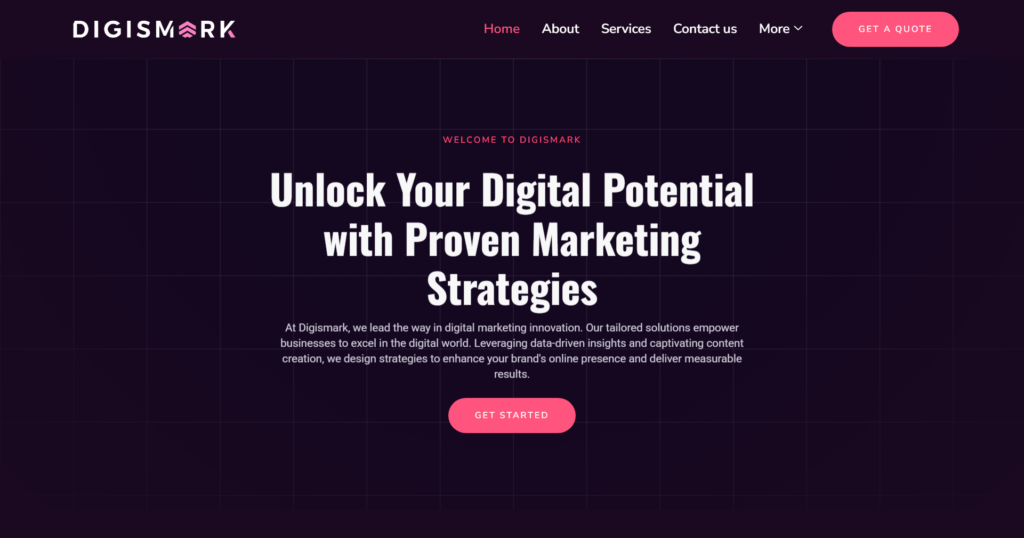 Digital marketing agency website design service featuring a dark mode creative studio layout.