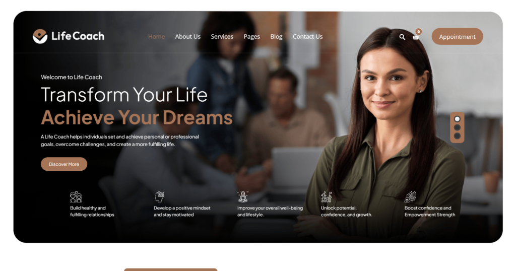 Life coach website design service featuring a professional business coach and mentor portal.