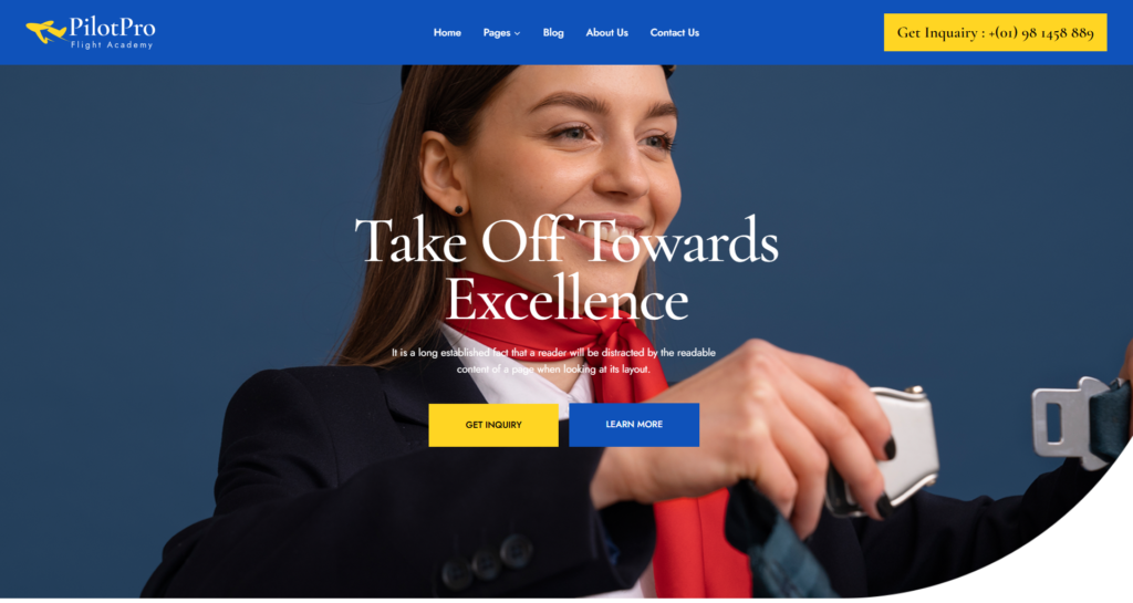 Private airline website design service featuring a flight school and booking portal.
