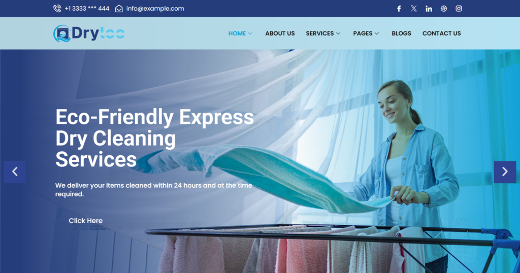 Laundry website design service featuring dry cleaning and ironing services.