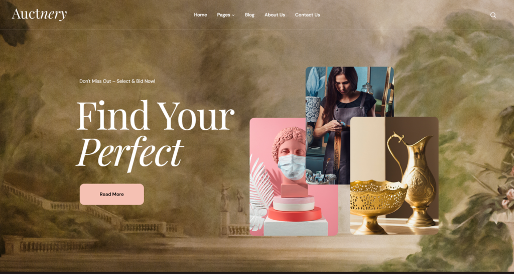 Auction website design service showing antique sales and art collectibles gallery portal.