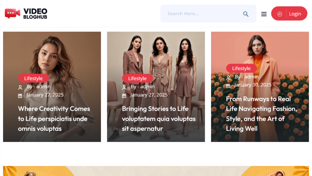 Video blog website design service displaying a news magazine and video posts portal.