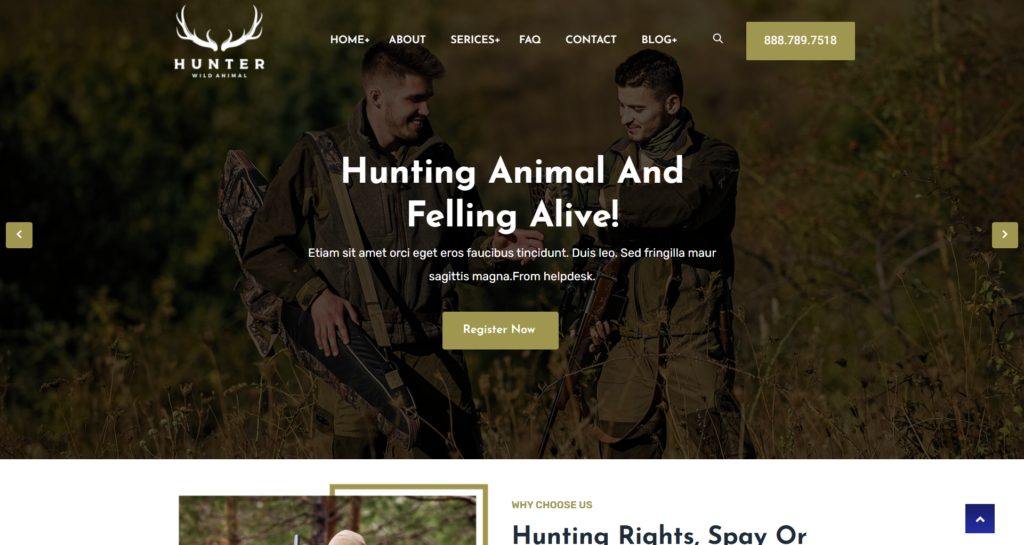 Rugged hunting and fishing website design showcasing outdoor activities and camping gears for a sporting club.