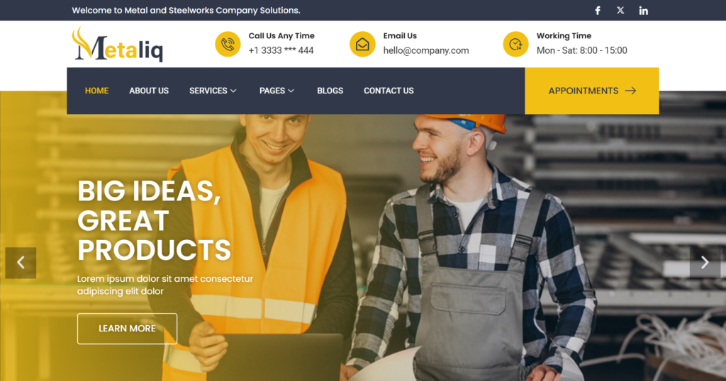 Industrial metal and steelworks website design featuring factory operations and welding services.