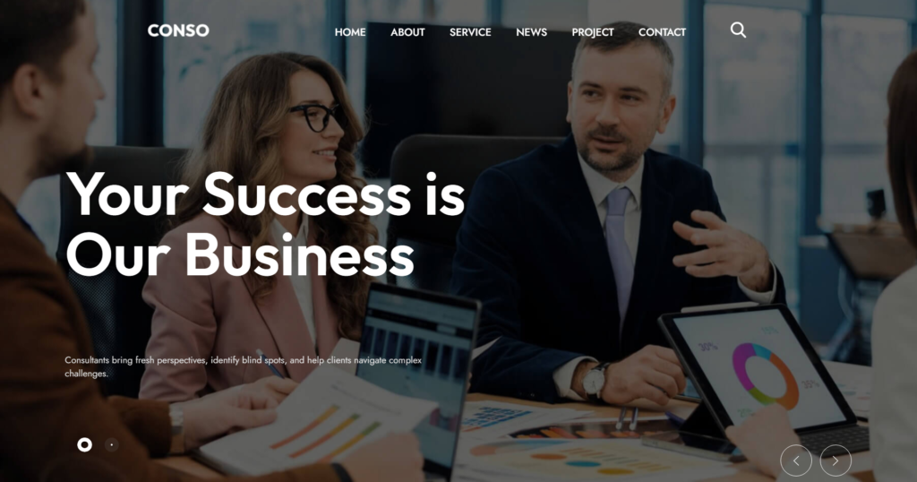 Business consulting website design service showing financial growth charts and corporate strategy layouts.