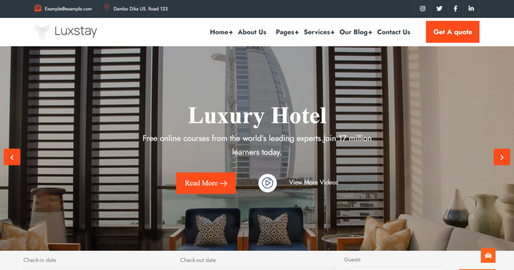 Hotel booking website design service showing a luxury resort reservation system and room listing.