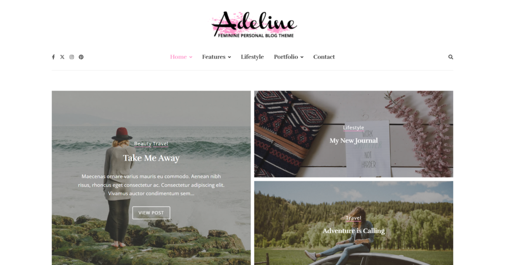 Elegant lifestyle blog website design service with feminine aesthetics and travel photography layouts.
