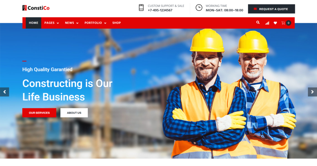 Industrial Construction Website Design displaying major building projects and portfolios.