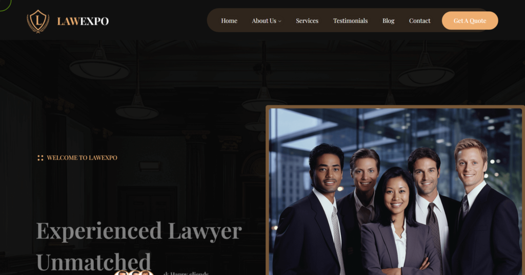 Professional Law Firm Website Design showing courtroom scales and attorney profiles