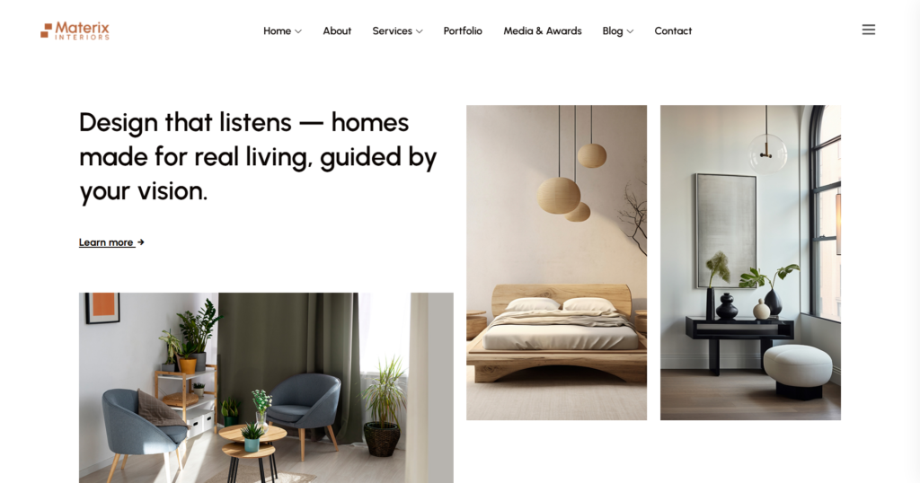 Minimalist Architecture Website Design showing interior and exterior design