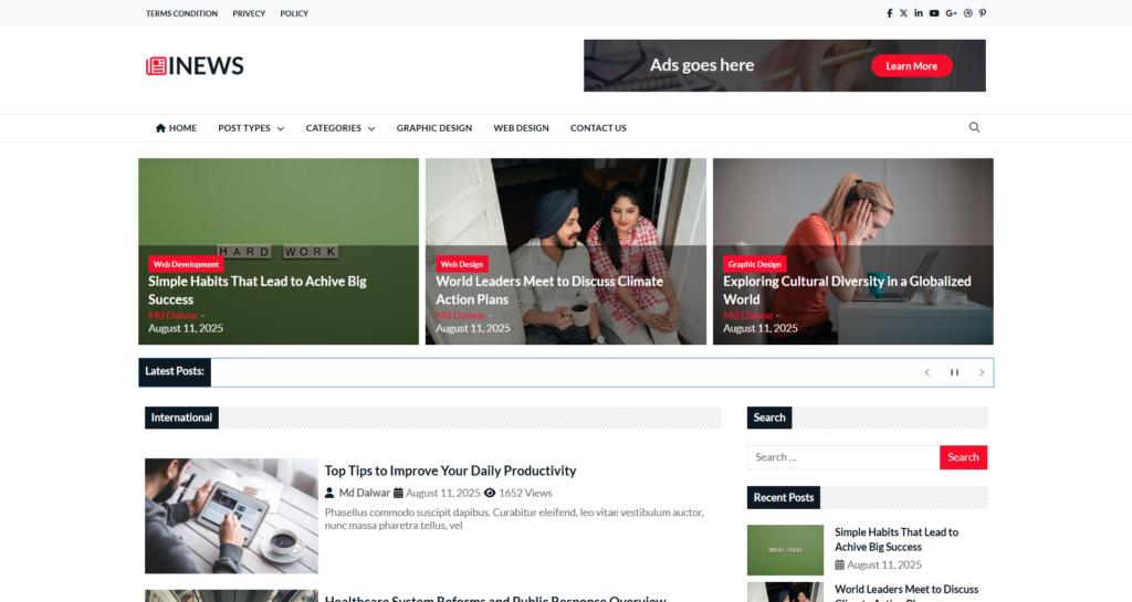 Modern Newspaper Website Design showing article grids and entertainment news