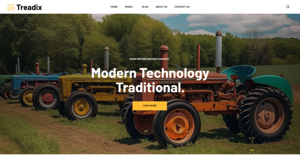 Industrial Agriculture Website Design showing farming tools and tractors