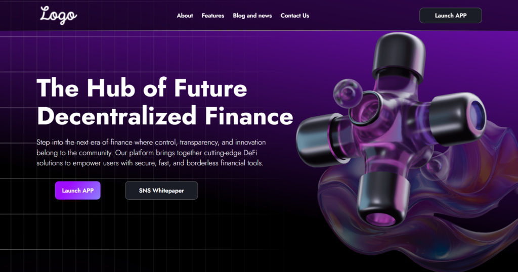 Modern Decentralised Finance Website Design showing digital currency and blockchain technology