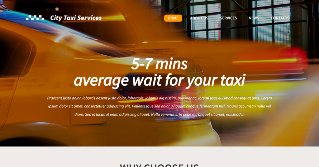 Taxi agency website design featuring fast city transport booking interface