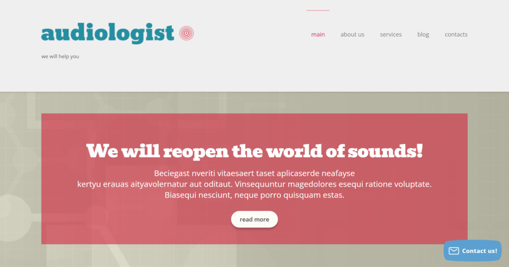 Audiologist website design showing medical clinic healthcare equipment