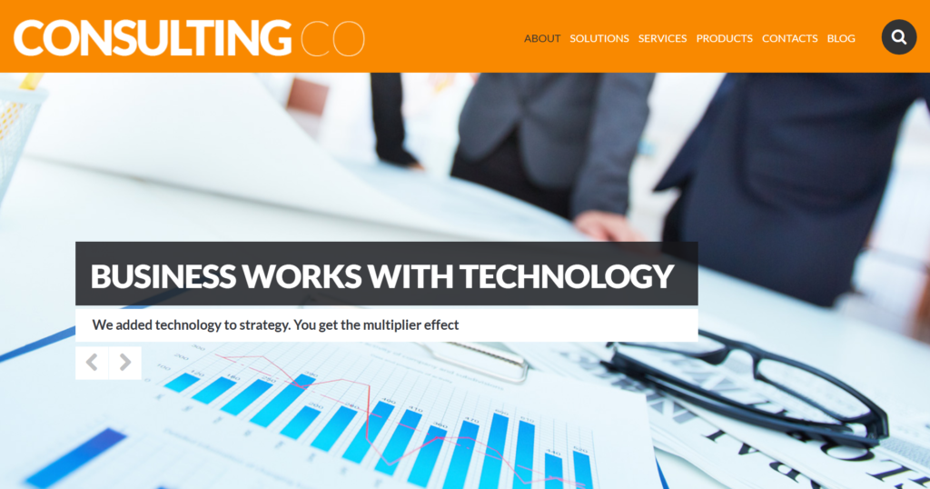 Consulting website design showing business technical support interface
