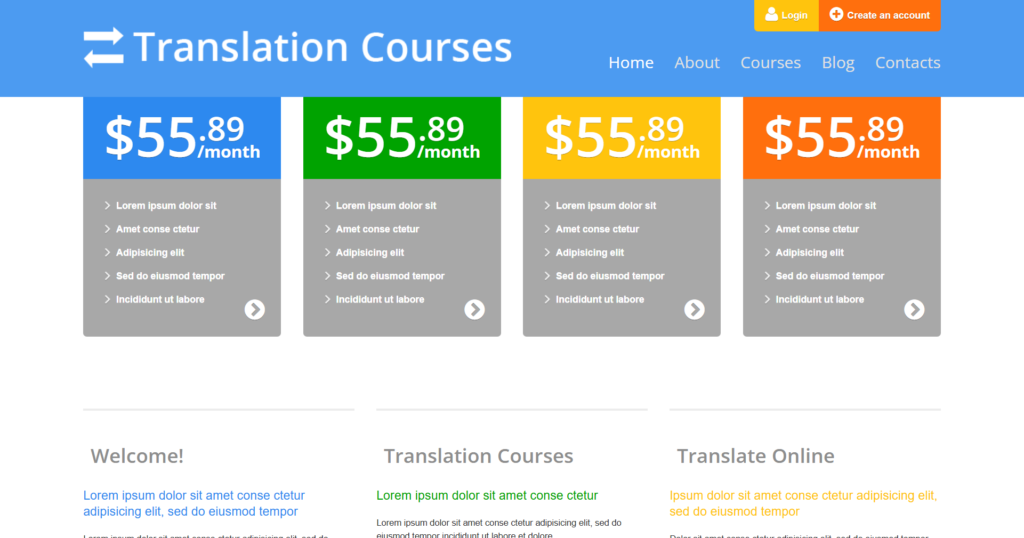 Professional translation bureau website design showcasing multilingual educational course modules
