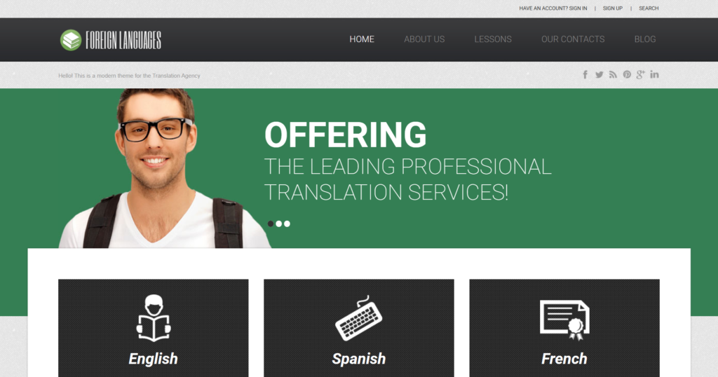 Professional translation bureau website design showcasing multilingual educational course modules