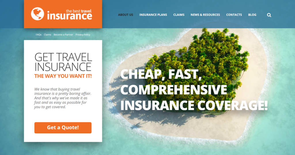 Professional travel insurance website design showing policy details for global destinations
