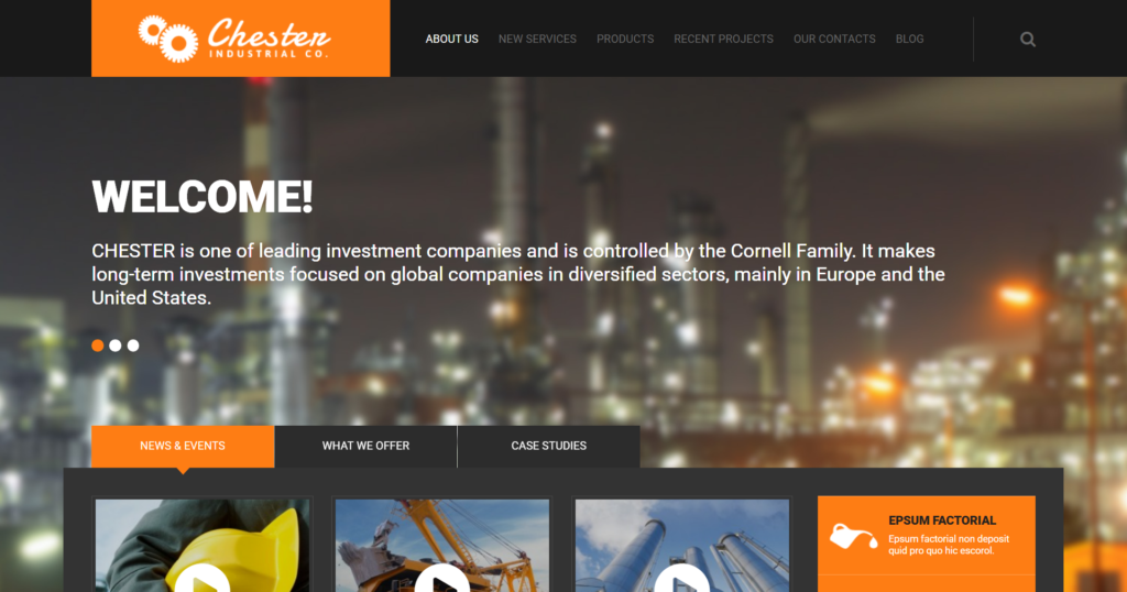 Professional industrial company website design showing mining site operations with heavy machinery