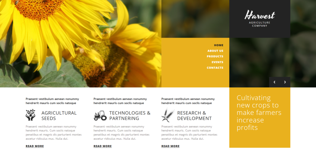 Agriculture company website design showing farming equipment and harvest delivery