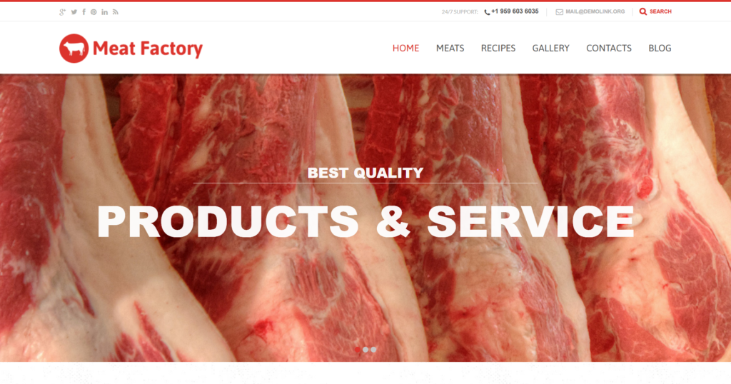 Meat processing website design showing fresh beef quality and factory plant operations