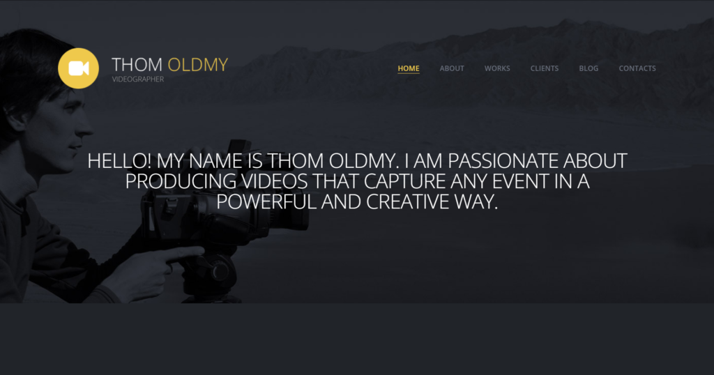 Videographer portfolio website design showing digital camera gallery and album art