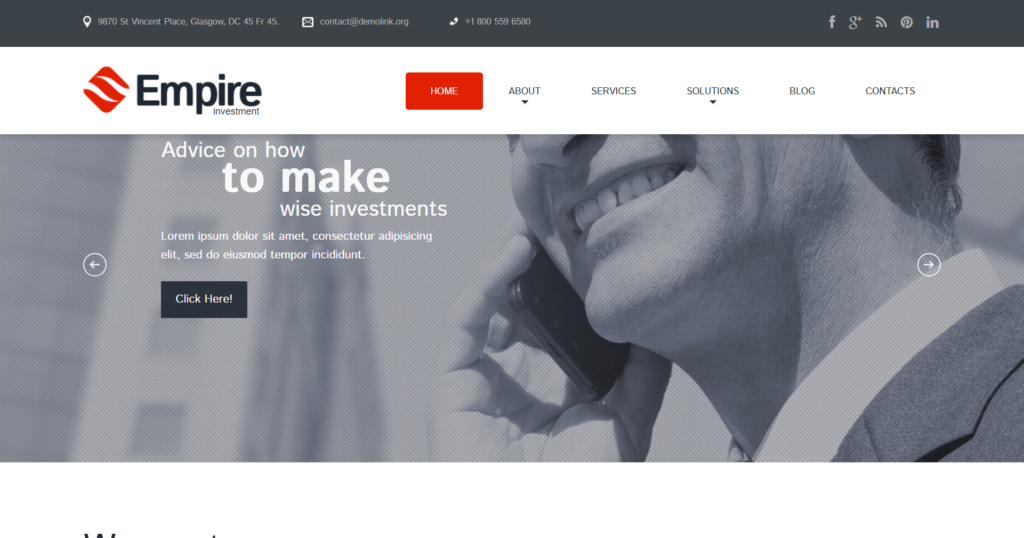 Investment company website design showing financial solution and enterprise empire flow