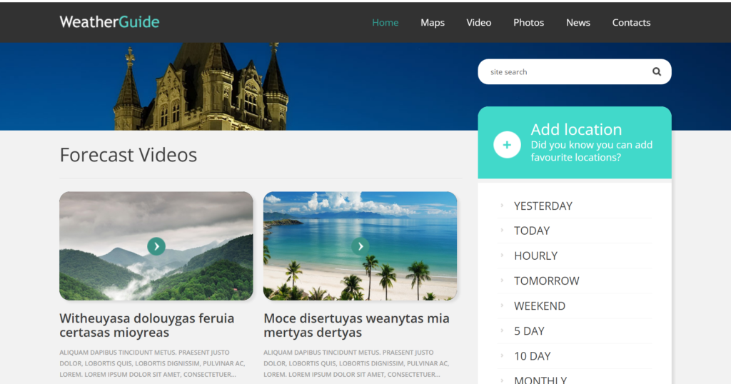 Weather portal website design showing charts forecast and winter forum news