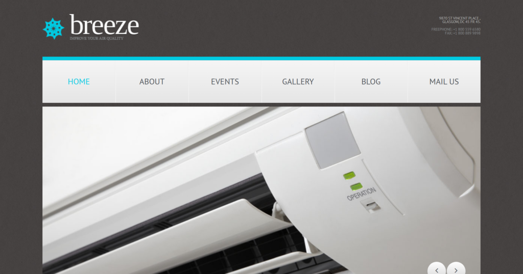 Air conditioning website design showing home cooling and ventilation fresh breeze