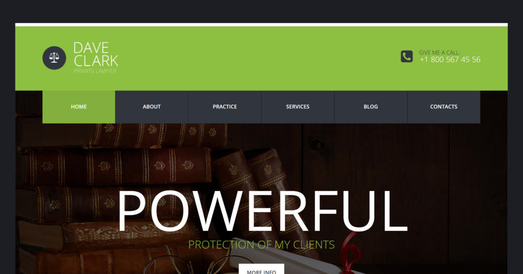 Private lawyer website design showing law practice advocacy and legal membership options
