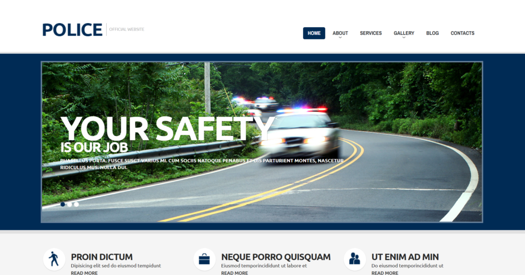 Professional police department website design showing security mission and public law enforcement information