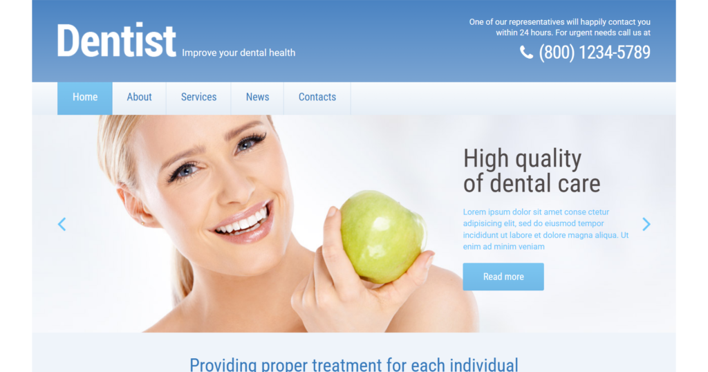 Dentistry website design showing cosmetic dental care and bright smile treatments