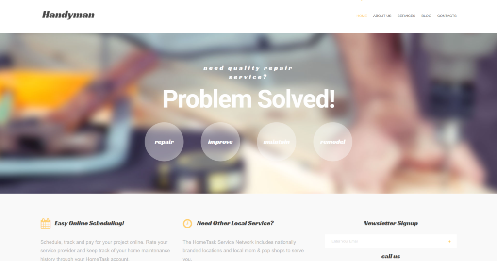 Professional handyman website design showing skilled repair tools and home maintenance services