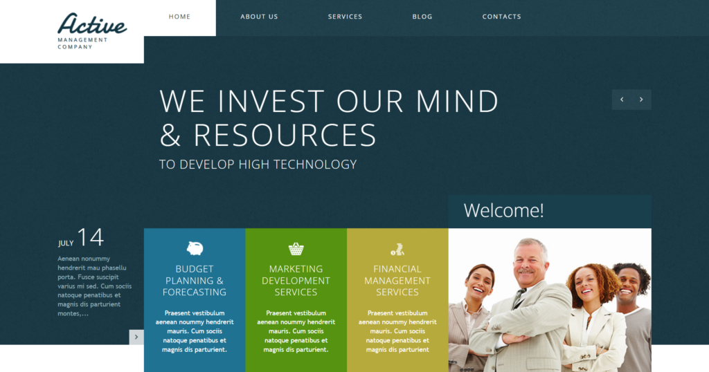 Active management website design showing enterprise automation and technical business flow