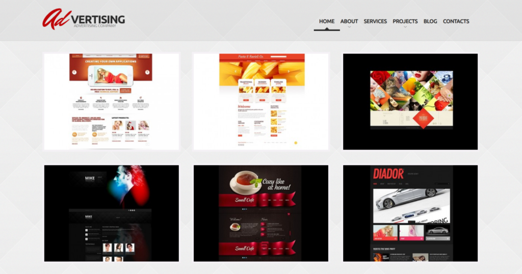 Advertising company website design showing creative print media and motion design projects