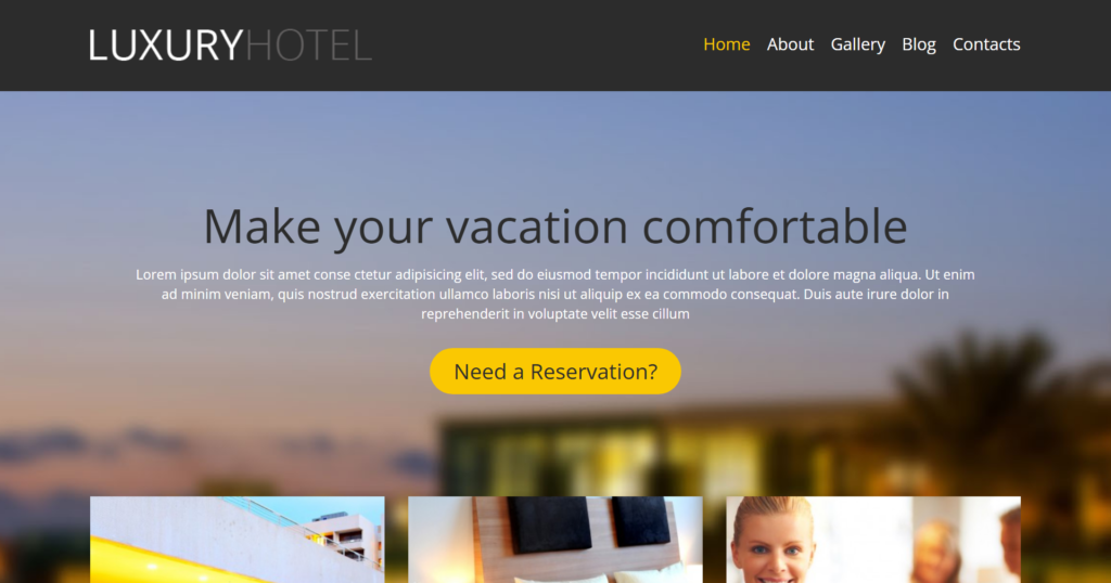 Modern hotel business website design showing luxury interior and exotic pool reception