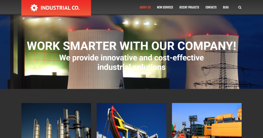 Industrial evolution website design showing architecture buildings and construction projects