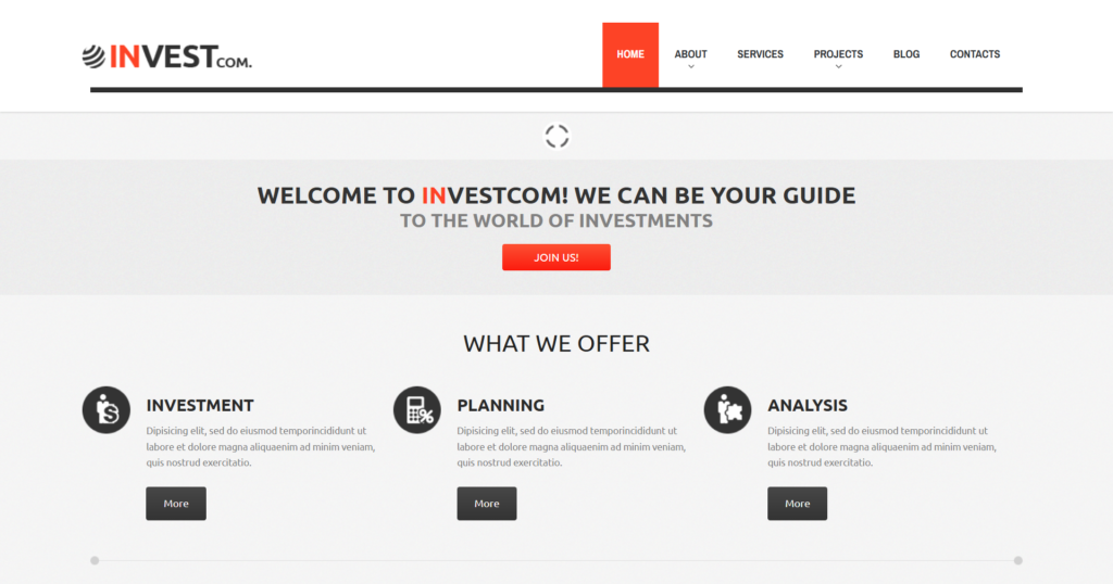 Investment company website design showing financial invest flow and enterprise solutions