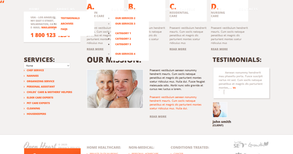 Rehabilitation website design showing charity care and organization relief mission
