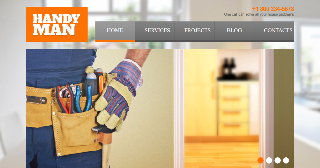 Home repairs website design showing skilled handyman and craftsman tools
