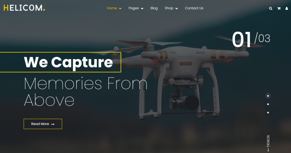 Drone and Copter Website Design featuring aerial photography and UAV shop layouts.