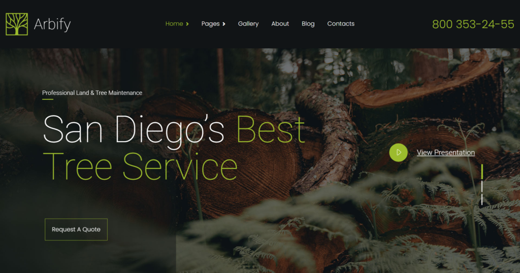 Arborist and Tree Trimming Service Website Design showing lawn care and timber work.