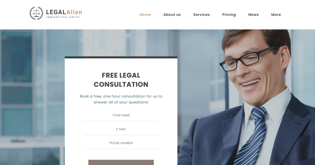 immigration lawyer website design clean minimalist dashboard reflecting legal compliance